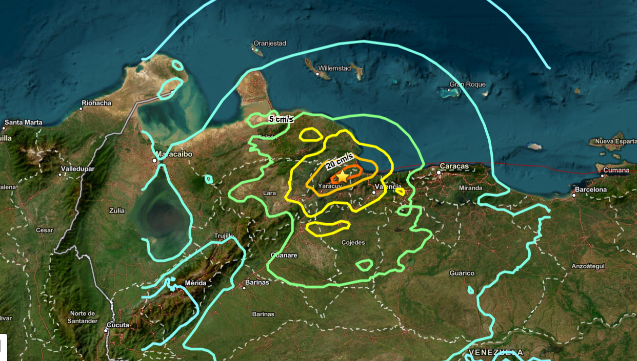 Mapa de intensidad sísmica en el centro de Venezuela